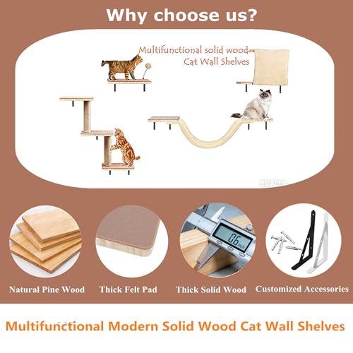 Wall Mounted Cat Climber Set, Cat Wall Shelves,with Hammock,Jumping Boards,Sofa,Steps,Scratching Post,Hanging Ball and Felt Pads, Suit for Cats Climb, Jump,Scratch-Beige