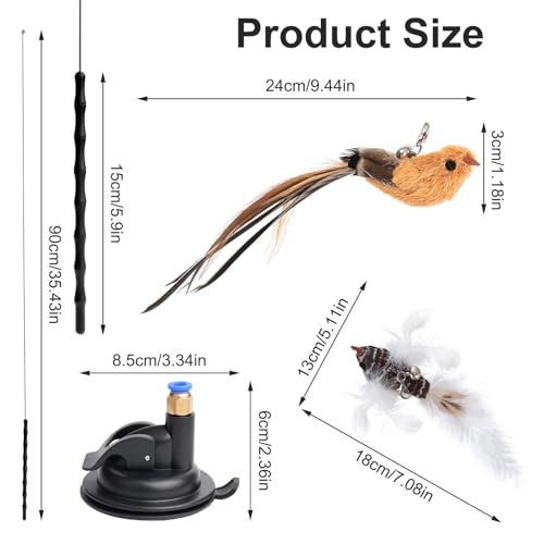 5 Pcs Interactive Cat Feather Toys, Interactive Cat Toys for Indoor Cats, Bird Simulation Cats Feathers Fishing Pole Toy Kit with Suction Base & Replacement Birds for Outdoor Indoor Kitten Playing