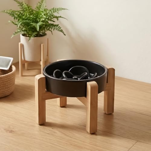 Elevated Ceramic Slow Feeder Dog Bowls Anti-Choking Slow Feeding for Small&Medium Size Anti-Slip Non-Lead & Toxic Durable Easy to Clean Maze Slow Feeder Bowl（8.26in Black Flower Pattern） - color: Black Flower Pattern, size: 1.6Cup