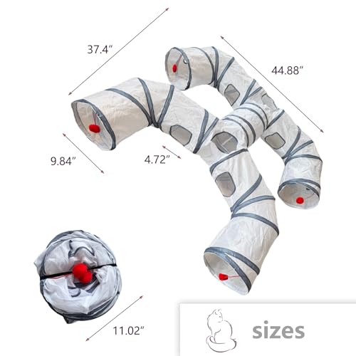 Foldable H-Shaped Cat Tunnel Toy with Interactive Playing Balls - 4 Exits for Cats, Kittens, Rabbits & Small Pets Collapsible Play Tube for Indoor Fun & Exercise - color: White Gray