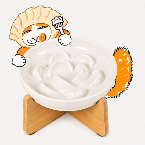 Elevated Slow Feeder Cat Bowl with Bamboo Stand, 6.3'' Ceramic Cat Food Bowl, Raised Whisker Friendly Cat Dish for Wet & Dry Food, Dishwasher Safe Anti-Slip Feeder for Cats & Small Dogs (White) - color: White with Stand