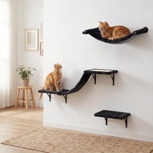 Cat Wall Shelves Set Cat Mounted Climbing Wall System Wall Furniture - color: Pure Black