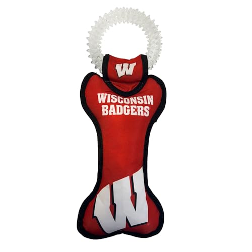 Pets First NCAA Wisconsin Badgers Dental Dog TUG Toy with Squeaker. Tough PET Toy for Healthy Fun, Teething & Cleaning Pets Teeth & Gum - color: Wisconsin Badgers
