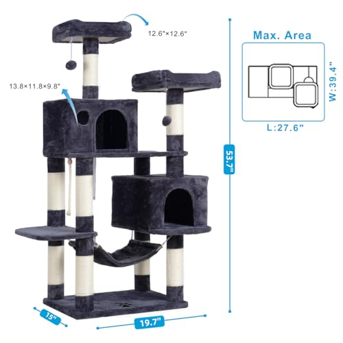 Hey-brother Cat Tree Tower with Sisal Scratching Posts, Big Condo, MPJ020G - color: Smoky Gray
