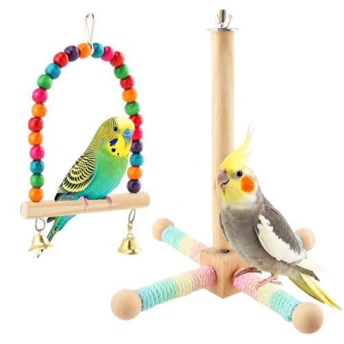 Parrot Interactive Rotating Perch, 360°Silent Free-Spin, Hanging Bird Perch Toy with Poplar Swing for Parrots, Parakeets, Cockatiels, Small to Medium Birds