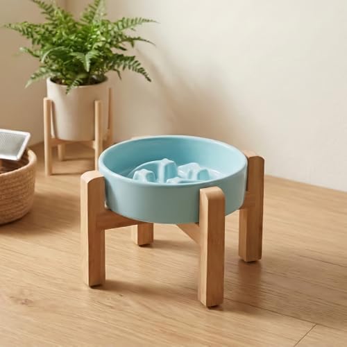 Elevated Ceramic Slow Feeder Dog Bowls Anti-Choking Slow Feeding for Small&Medium Size Anti-Slip Non-Lead & Toxic Durable Easy to Clean Maze Slow Feeder Bowl（8.26in Mint Blue Stars Pattern） - color: Mint Blue Stars Pattern, size: 1.6Cup