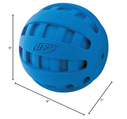 Nerf Dog Rubber Ball Dog Toy with Checkered Squeaker, Lightweight, Durable and Water Resistant, 4 Inch Diameter for Medium/Large Breeds, Single Unit, Blue - size: 4 Inch Blue, style: Checker Squeak