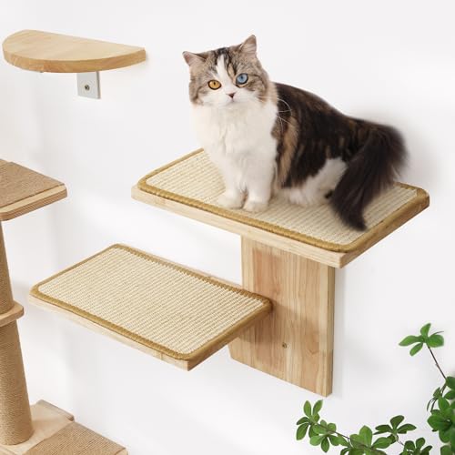 FUKUMARU Cat Wall Shelves, 2 Platform Kitten Wall Furniture, Tree Shape Wall-Mounted Floating Shelf with Sisal Mat, Solid Rubber Wood Cats Perch for 16 Inch Drywall, Suitable for Climb, Play, Nap - color: Sisal mat
