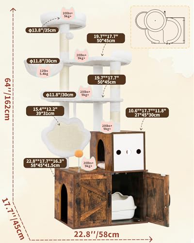 Heybly Cat Tree with Litter Box Enclosure, Modern 64" Hidden Tower HCT105SR - color: Rustic Brown