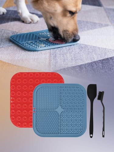 2-Pack Pet Slow Feeder Mats - Non-Slip Dog and Cat Puzzle Bowl Mats for Fast Eaters, Reduce Bloat and Improve Digestion - Non-Toxic Silicone Lick Mats for Small Medium Large Pets(Red+Blue)