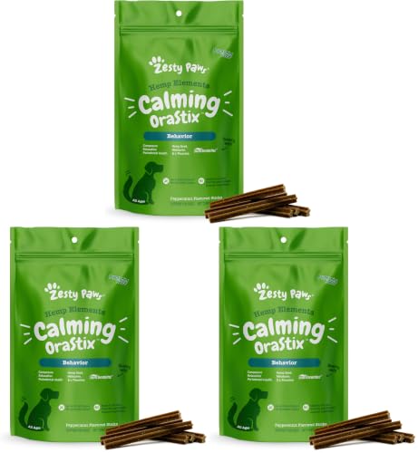 Zesty Paws OraStix for Dogs - Calming Dental Sticks for Stress with Hemp Melatonin Chamomile Dog Healthy Teeth and Gums Calm Composure for Fireworks and Thunderstorms - 12oz (Pack of 3) - size: 12 Ounce (Pack of 3)