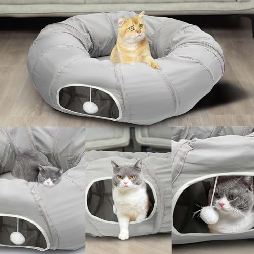 AUOON Cat Tunnel with Bed for Kitten Puppy Rabbit Ferret, Light Grey - color: Light Grey