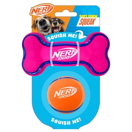 Nerf Dog 2.5in Latex Squeak Ball and 5in Latex Squeak Bone 2-Pack -Pink/Blue and Orange/Blue - size: Medium