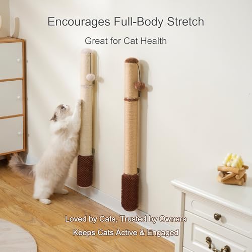 Wall Mounted Cat Scratcher, 34” Extra-Tall Vertical Sisal Scratching Post for Large Cats, Space-Saving Wall Cat Scratcher with Self Grooming Brush & Hanging Ball, Beige