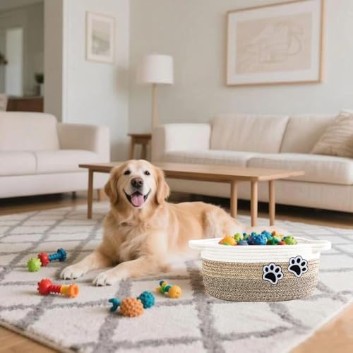 Small Woven Cotton Rope Nursery Organizer Bins, Dog Toy Basket Bins with Handle, Cute Empty Pet Gift Storage Baskets with Paw - color: White-Jute