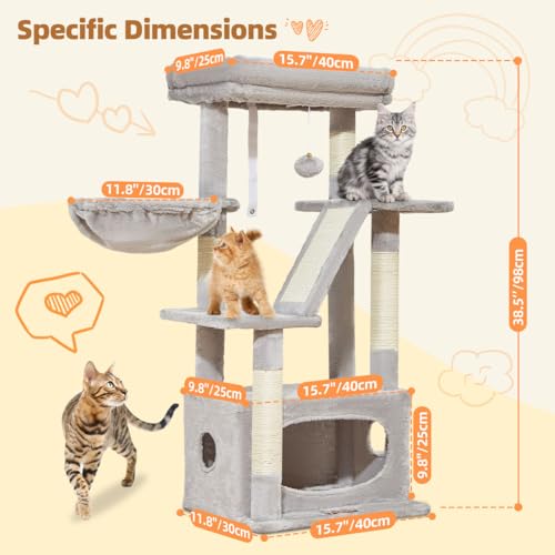 Taoqimiao Cat Tree, 38.5In Cat Tower for Indoor Cats, Suitable for Kittens - color: Light Gray, size: 38.5 Inches