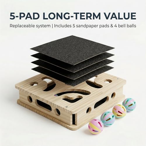 EIODEAR Cat Nail File Scratcher with 5 Sandpaper Pads, 4 Bell Balls, 8 Screw, Solid Wood Cat Scratch Puzzle Enrichment Box Nail Filer Box Toy to File Nails, Cat Treat Box for Treat-Motivated Cats
