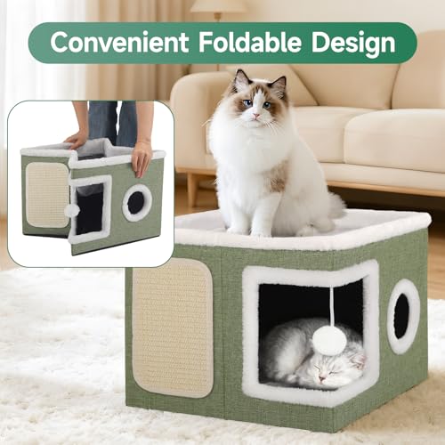 Shikha Cat House Bed for Indoor Cats with Fluffy Ball and Scratch Pad Green - color: Green, size: Large