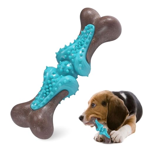 Durable Dog Chew Toys for Large Dogs - Tough Bone-Shaped Dental Chew with TPR Rubber & Wood Fiber, Teething & Aggressive Chewer Toys for Medium/Large Breed, Long-Lasting Teeth Cleaning & Stimulation - color: Blue