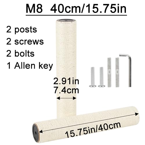 7.4cm 2.91in Diameter Cat Tree Scratching Post Replacement Sisal Pole Parts for Cat Tower (M8, 15.75in/40cm) - color: 15.75in/40cm, size: M8*2posts