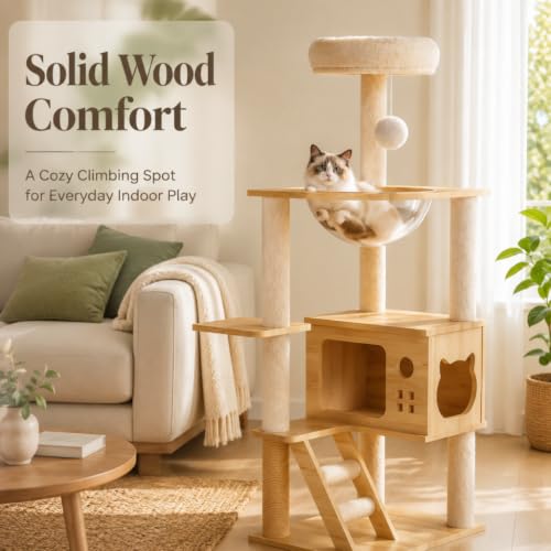 Solid Wood Cat Tree with Clear Space Capsule Nest, Multi-Level Cat Tower with Condo, Sisal Scratching Posts & Ladder, Indoor Activity Cat Perch Furniture for Kitten Adult Cats - color: Style B