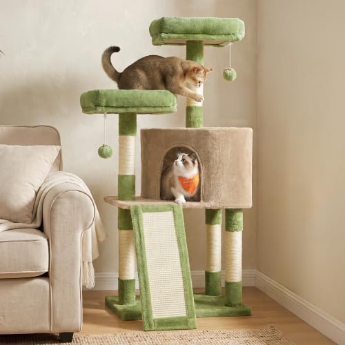 Feandrea Cat Tree, 45.3-Inch Cute Cat Tower, Climbing Condo, Green & Brown - color: Grass Green + Camel Brown