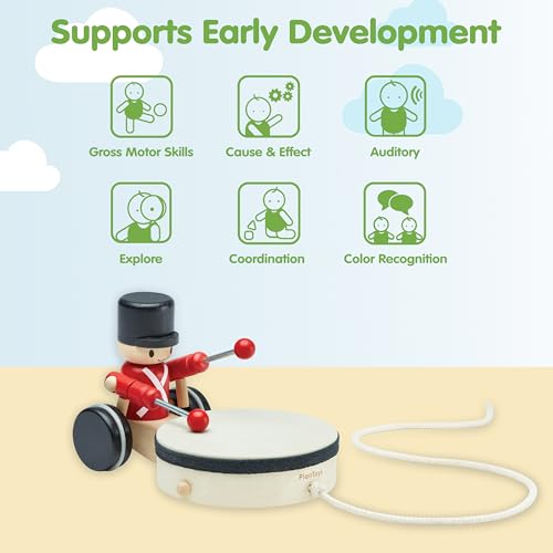 PlanToys® Wooden Pull Along Drummer Musical Toy for Kids Toddler Active Set - color: Pull Along Drummer