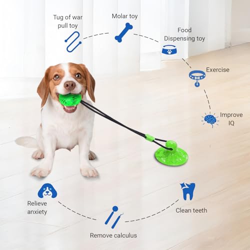 Dog Toys Treat Food Dispensing Ball with Suction Cup for Aggressive Chewer, Tug of War for Pets, Puppy Toys for Teething, Puzzle, Treat Food Dispensing, Pet Chew Tug of War for Medium Dogs (Green)
