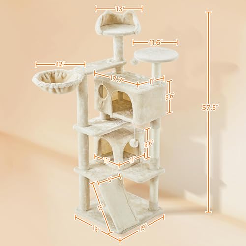Topeakmart 57 inches Multi-Level Cat Tree Cat Condo with Scratching Posts Kittens Activity Tower Pet Play House Furniture - color: Beige