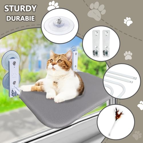 Cat Window Perch Seat Hammock, Foldable Hammock with 4 Strong Suction Cups, Easy to Assemble and Cat Wand,Gray - color: gray