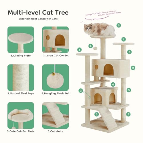 DUMOS 54-inch Cat Tree Tower with Scratching Posts, Indoor Use - color: Beige, size: 54 Inch