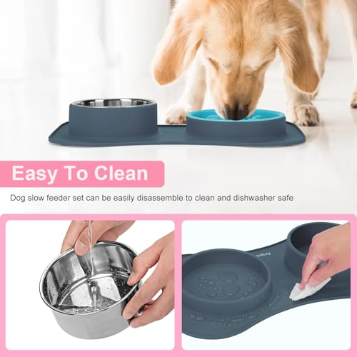 Slow Feeder Dog Bowls 3 in 1 Stainless Steel Food Water Bowl to Slow Eating - color: Light Grey, size: Small ＆ Medium Breed