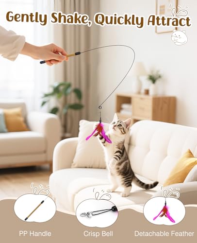 Pawaboo Cat Feather Wand Interactive Toy, 2 Feathers + 1 Wand with Bell - color: Rose + Red Brown