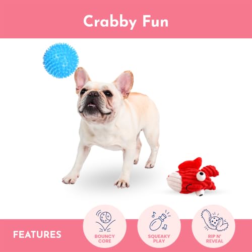 Crab Plush Dog Toy, 2-in-1 Rip & Reveal Interactive Dog Toy with Squeaky Spiky Ball Inside, Crinkle Wings, Soft Plush Chew Toy for Small Medium Large Dogs - color: Red