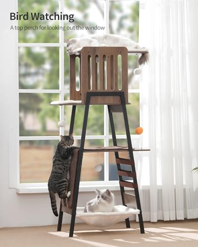 FourFurPets Modern Cat Tree, 58-Inch Cat Tower for Large Cats, Big Hammock - color: Greige