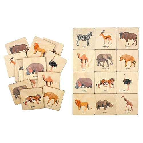 Wooden African Animals Memory Game, Safari Animals Montessori Toys, Wood Wild Animals Memory Game, Homeschool Activity, Toddler Gift, Nephew Gift, Birthday Boy Gift, Memory Tiles (4.5x4.5cm) - size: 1.8x1.8"(4.5x4.5cm), style: Safari Animals