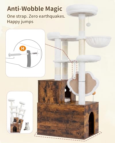 Heybly Cat Tree with Litter Box Enclosure, Modern 64" Hidden Tower HCT105SR - color: Rustic Brown