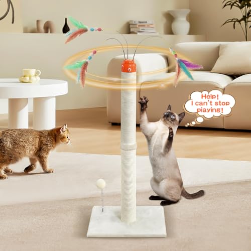 YARUOMY Cat Scratching Post ，33.4" Sisal Rope Cat Scratcher Tall Scratching Post for Indoor Cats with Interactive Cat Toys Automatic Teaser Wand and Rotating Hanging Balls - size: 33.4"H