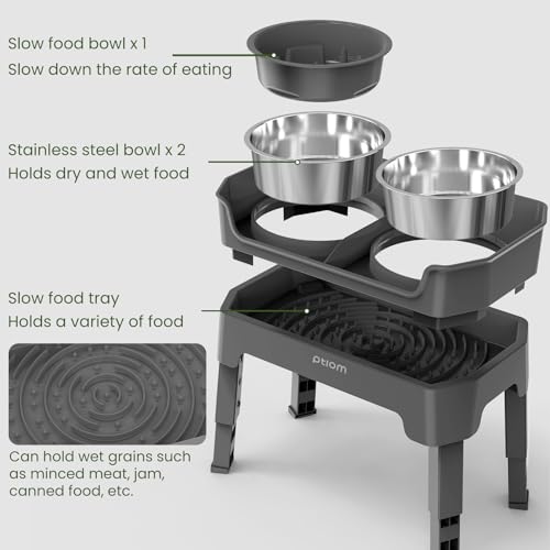 4-in-1 Elevated Slow Feeder Dog Bowls, 4 Height Adjustable Mess Proof Raised Dog Bowl Stand with Licking Plate, 2 Stainless Steel Dog Food Bowl & Slow Feeder for Large Medium Small Dogs Pets - color: Grey, size: 1 Slow Feeder + 2 Stainless Steel Bowls