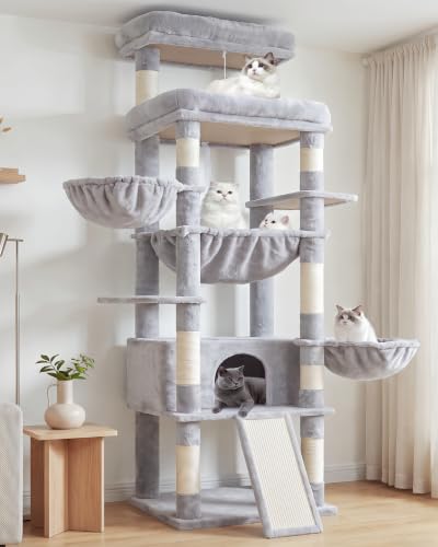 Hey-brother Cat Tree Tower with Extra Large Platform and Basket, MPJ080W - color: Light Gray, size: 71.7 inches