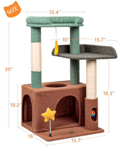 Small Cat Tree for Kittens, 30" Compact Cat Tower with Wide Base - color: Olive Green