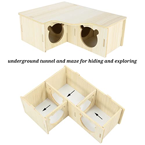Multi-Chamber Hamster House Maze, 3-Room Hideouts, Wooden Hamster Maze & Tunnel Exploring Toys, Dwarf Hamster House Habitats Decor for Hamster Mice Gerbils Lemmings