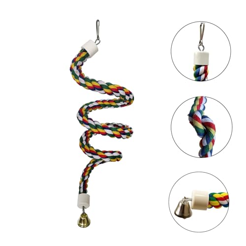 Colorful Cotton Bendable Rope Perch Swing Bird Chew Toys Cage Toys with Bell Swing Climbing Standing Bungee Bird Toys for Conures,Parrots,Cockatiel,Lovebird,Budgerigar,Parakeet (M) - size: M