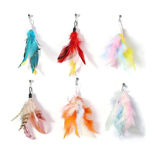 12 Pack Cat Feather Toy Refills,Natural Cat Wand Replacement Feathers with Bell,Colorfull Wand Attachment Feather Toys for Indoor Cats
