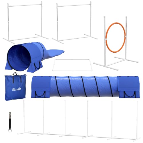 PawHut 7 Piece Dog Agility Training Equipment, Dog Obstacle Course Starter Kit with Tunnels, Weave Poles, Adjustable Hurdles, Jumping Ring, Pause Box, Whistle, Blue