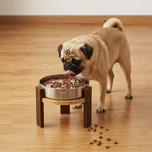 Feedoo Elevated Dog Bowl Stand, 6'' Height Raised Stand for Medium Dogs, Includes 2Cups Stainless Steel Slow Feeder Dog Bowl, Durable Solid Hardwood - color: 6" Height 2Cups Slow Feeder