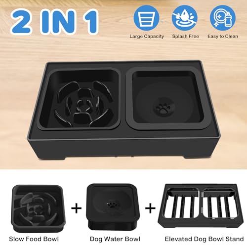 2-in-1 Elevated Dog Bowls, No Spill Water Bowl, Slow Feeder Food Bowl - size: Slow Feeder