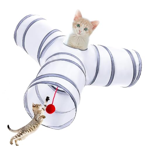 Cat Tunnel Tube Toys, 3 Ways Tunnels for Indoor Cats with Play Ball - color: 3 Way White Gray