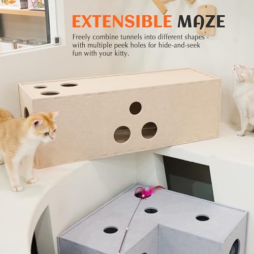 PETKARAY Cat Tunnel, Original Cat Hideaway Cave for Indoor Cats, Large Kitten Play Tubes and Tunnels, Soft Felt Cat Toy with Interactive Peek Hole, Beige Straight - color: Beige, size: Straight Tunnel