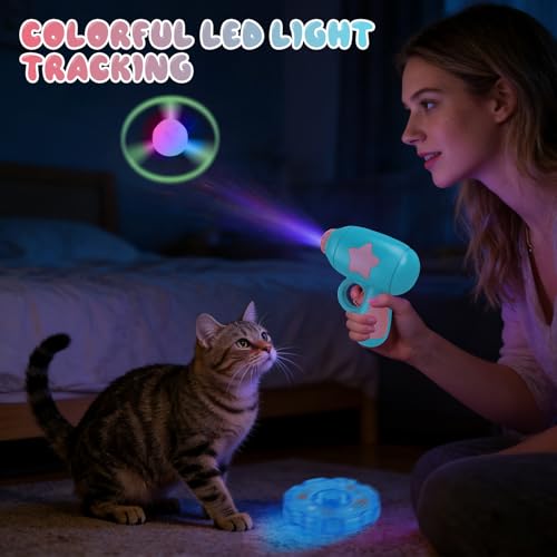 2PCS Cat Fetch Disc Launcher Toy with Colorful Flying Propellers Set,Cat Playing Tracking LED Spinning Top Interactive Toys for Kitten Chasing Training Hunting（Pink+Blue）